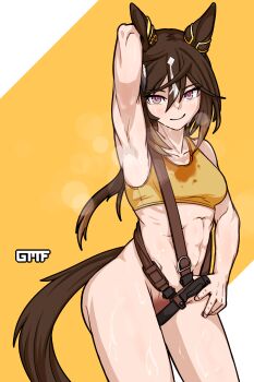 Rule 34 | 1girl, abs, absurdres, alternate hair color, animal ears, armpits, black hair, bottomless, censored, commentary, english commentary, gasmaskfox, highres, horse ears, horse girl, horse tail, knife sheath, long hair, looking at viewer, orange background, orange sports bra, sheath, smile, sports bra, stay gold (umamusume), sweat, tail, two-tone background, umamusume, white background, white hair