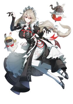 1girl alexandrina_sebastiane anastella_(zenless_zone_zero) bangboo_(zenless_zone_zero) black_dress black_gloves black_shoes bow breasts closed_mouth commentary dress drusilla_(zenless_zone_zero) english_commentary full_body gloves grey_hair hair_between_eyes hair_bow hands_up highres large_breasts looking_at_viewer maid_headdress pantyhose partially_fingerless_gloves red_eyes shoes simple_background smile user_dapn7875 white_background white_bow white_pantyhose zenless_zone_zero