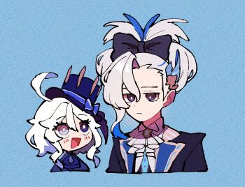 1boy 1girl :d :| ahoge ascot black_bow black_eyes black_jacket blue_ascot blue_background blue_eyes blue_hair blue_headwear blue_jacket blush borrowed_hairstyle bow brooch cinnamiku_hairstyle closed_mouth completely_unamused cropped_torso expressionless furina_(genshin_impact) genshin_impact hair_between_eyes hair_bow hat heterochromia jacket jewelry looking_at_another looking_at_viewer multicolored_hair neuvillette_(genshin_impact) nploser open_mouth simple_background smile streaked_hair top_hat unamused updo white_ascot white_hair