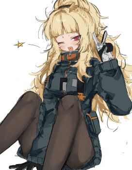 1girl black_pantyhose brown_hair commentary_request ezra_(project_moon) grey_jacket highres jacket limbus_company long_hair pantyhose ponytail popopa614 project_moon red_eyes simple_background solo thighs v white_background