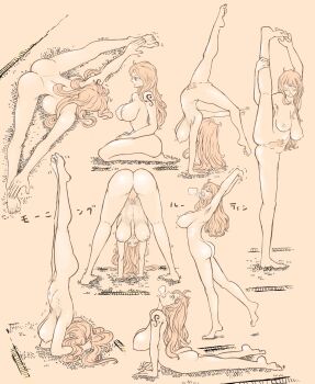 1girl ass breasts completely_nude flexing graphite_(medium) hato_hato_hato highres large_breasts lineart long_hair nami_(one_piece) nude one_piece orange_hair sagging_breasts solo split stretching traditional_media yoga