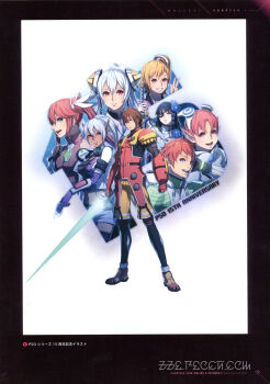 2boys 6+girls absurdres ahoge akikazu_mizuno armor ash_(phantasy_star_online) black_hair blonde_hair blue_eyes brown_hair dark_skin deuman emilia_percival ethan_waber eyepatch fonewearl highres holding holding_sword holding_weapon humar hunewearl long_hair looking_at_viewer lutia_(phantasy_star_nova) matoi_(pso2) mikoto_cluster multiple_boys multiple_girls nagisa_(phantasy_star) neon_trim official_art open_mouth phantasy_star phantasy_star_nova phantasy_star_online_2 phantasy_star_portable_2 phantasy_star_portable_2_infinity phantasy_star_universe phantasy_star_zero pink_hair ponytail red_eyes sarisa scan sega short_hair side_ponytail sil&#039;fer silver_hair smile sword weapon