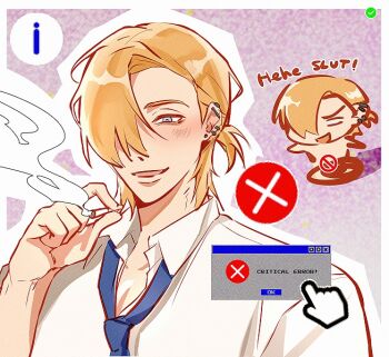 1boy blonde_hair blue_eyes blue_necktie chibi chibi_inset cigarette collared_shirt degrees_of_lewdity earrings english_text hair_over_one_eye hashtag-only_commentary holding holding_cigarette jewelry looking_at_viewer multiple_views necktie open_mouth shirt utu310 white_shirt whitney_(degrees_of_lewdity) whitney_(male)_(degrees_of_lewdity) window_(computing)