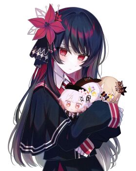 1girl absurdres black_capelet black_hair black_hat black_shirt black_skirt blush brown_eyes brown_hair capelet character_doll closed_mouth collared_shirt commentary_request doll flower grey_hair hair_flower hair_intakes hair_ornament hasumi_leia hat highres hugging_doll hugging_object jogasaki_noah long_hair long_sleeves mahou_shoujo_no_majo_saiban multicolored_hair nikaido_hiro puffy_long_sleeves puffy_sleeves red_eyes red_flower red_hair sakuraba_ema satoimo_chika shirt simple_background skirt sleeves_past_wrists two-tone_hair very_long_hair white_background white_shirt