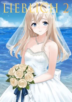 1girl alternate_costume blonde_hair blue_eyes bonta_(0607) bouquet breasts bridal_veil commentary_request cover cover_page dress flower highres holding holding_bouquet jewelry kantai_collection long_hair mikeneko_2828 necklace rose small_breasts solo strapless strapless_dress u-511_(kancolle) veil wedding_dress white_dress white_flower white_rose