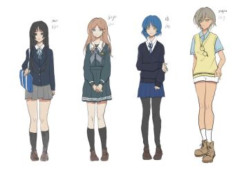 Rule 34 | 4girls, akiyama mio, ankle socks, bag, bang dream!, bang dream! it's mygo!!!!!, bare arms, black-framed eyewear, black eyes, black hair, black jacket, black pantyhose, black socks, black sweater, blazer, blue bag, blue eyes, blue hair, blue neckerchief, blue ribbon, blue serafuku, blue shirt, blue skirt, blunt bangs, bocchi the rock!, boots, breast pocket, brown boots, brown hair, brown shoes, buttons, character name, chinese commentary, closed mouth, collared jacket, collared shirt, commentary request, crest, crossover, dot nose, full body, girls band cry, glasses, grey eyes, grey hair, grey skirt, hair between eyes, hair ornament, hairclip, hand on own arm, hand on own hip, hands on lap, happy, height, height difference, high-waist skirt, holding, holding bag, instrument connection, jacket, k-on!, kneehighs, knees, lace-up boots, lapels, left-handed, long hair, long sidelocks, long sleeves, looking ahead, looking at viewer, miniskirt, mole, mole under eye, multiple crossover, multiple girls, nagasaki soyo, neck ribbon, neckerchief, notched lapels, own hands together, pale skin, pantyhose, parted bangs, pleated skirt, pocket, puffy long sleeves, puffy sleeves, ribbon, rupa (girls band cry), sakuragaoka high school uniform, school bag, school uniform, serafuku, shimokitazawa high school uniform, shirt, shirt under sweater, shoes, short hair with long locks, short shorts, short sleeves, shorts, shujianbaoyugan, sidelocks, simple background, single sidelock, skirt, skirt set, sleeves past wrists, smile, socks, standing, straight hair, sweater, sweater vest, tall female, tsukinomori school uniform, unworn eyewear, uwabaki, v-neck, very long hair, vest, wavy hair, white background, white shirt, white shorts, white socks, winter uniform, yamada ryo, yellow eyes, yellow vest