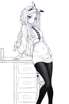 1girl absurdres alternate_costume animal_ears animal_print arknights breasts covered_navel desk dress greyscale hairband heavyrain_(arknights) highres leaning_back long_hair long_sleeves looking_at_viewer monochrome office_lady pantyhose purple_eyes ricinus small_breasts solo spot_color zebra_ears zebra_girl zebra_print zebra_tail