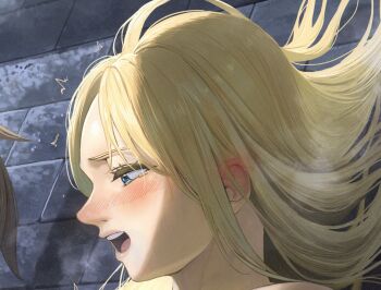 1boy 1girl black_hair blonde_hair blue_eyes blush commentary_request cropped darkness_(konosuba) from_side izawa_(bhive003) kono_subarashii_sekai_ni_shukufuku_wo! long_hair motion_lines open_mouth paid_reward_available portrait profile satou_kazuma stone_wall tearing_up twitching