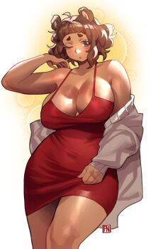 1girl ahoge animal_ears arm_up armpit_crease bare_shoulders bear_ears bear_girl blush breasts brown_eyes brown_hair cleavage cleavage_cutout clothes_pull clothing_cutout collarbone commentary covered_navel cowboy_shot curvy dark-skinned_female dark_skin dress english_commentary eyelashes full_cleavage grey_jacket hand_on_own_shoulder highres jacket jacket_pull kumako_(poch4n) large_breasts looking_at_viewer medium_hair one_eye_closed original parted_lips plump poch4n red_dress sidelighting signature solo sweatdrop thick_eyebrows thick_thighs thighs white_background yellow_background