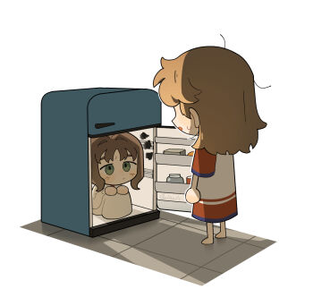 2girls brown_hair chibi daku_k dress eagle_(reverse:1999) green_eyes highres in_container in_refrigerator knees_to_chest looking_at_another multiple_girls refrigerator regulus_(reverse:1999) reverse:1999 sitting squiggle standing tile_floor tiles white_background white_dress