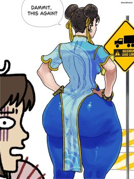 2girls absurdres artist_name ass blue_nails bracelet brown_hair capcom china_dress chinese_clothes chun-li commentary cowboy_shot double_bun dress earrings english_text fatal_fury fatal_fury:_city_of_the_wolves female_focus from_behind hair_bun hand_fan hands_on_own_hips highres holding holding_fan huge_ass jewelry multiple_girls pelvic_curtain ribbon road_sign shiranui_mai short_sleeves sign solo_focus speech_bubble street_fighter street_fighter_6 symbol-only_commentary torashu-kun twitter_username white_background yellow_ribbon yellow_trim