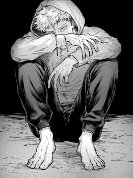 1boy barefoot commentary_request elbow_on_knee full_body greyscale hood hood_up hoodie itadori_yuuji jujutsu_kaisen male_focus monochrome nay_bb pants short_hair sitting solo spiked_hair sweatpants