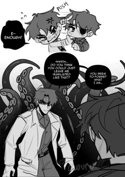 2boys absurdres areuwuu black_hair clenched_teeth coat collared_shirt commentary english_commentary english_text eyepatch greyscale highres male_focus monochrome multiple_boys multiple_scars omniscient_reader&#039;s_viewpoint open_clothes open_coat partially_shaded_face pushing_away scar scar_across_eye scar_on_face scar_on_hand secretive_plotter selfcest shirt short_hair standing teeth tentacles yaoi yoo_joonghyuk yoo_joonghyuk_(999th_turn)