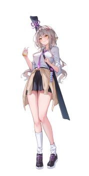 1girl absurdres alternate_costume cela_(akeeeeee675) clothes_around_waist full_body goddess_of_victory:_nikke grey_hair highres holding korean_commentary scarlet_(nikke) school_uniform shirt simple_background skirt solo white_background white_shirt yellow_eyes