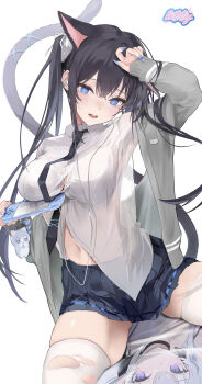 1girl absurdres animal_ears arm_up black_hair black_necktie black_skirt blue_eyes blue_nails blue_trim blush body_pillow breasts button_gap cardigan cat_ears cat_girl cat_tail charm_(object) cleavage collared_shirt colored_inner_animal_ears commentary_request dakimakura_(object) earbuds earphones extra_ears fingernails furrowed_brow grey_cardigan hair_between_eyes hand_in_own_hair handheld_game_console head_tilt heart highres holding holding_handheld_game_console large_breasts logo long_fingernails long_hair midriff mole mole_under_eye momochi_tamalu nail_polish navel necktie open_mouth original pillow pleated_skirt ringed_eyes shirt simple_background single_off_shoulder sitting sitting_on_pillow skirt sleeves_past_wrists tail thighhighs thighs torn_clothes torn_thighhighs twintails very_long_hair white_background white_shirt white_thighhighs white_trim