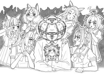 >_o 1boy 6+girls :3 ^_^ afterimage ahoge animal_ears arm_on_table arm_rest behind_another blush closed_eyes closed_mouth collared_shirt commentary_request copano_rickey_(umamusume) crossed_arms crowd daitaku_helios_(umamusume) daiwa_scarlet_(umamusume) ear_covers ear_ornament ears_down elbow_rest fang fang_out hair_intakes hand_on_another's_shoulder highres horse_ears hu-min_(okok6341) king_halo_(umamusume) leaning_to_the_side long_hair long_sleeves looking_around looking_at_another meisho_doto_(umamusume) monochrome motion_lines multiple_girls necktie nice_nature_(umamusume) nose_blush one_eye_closed open_mouth own_hands_together parody pleated_skirt school_uniform shirt side-by-side silhouette sketch skin_fang skirt spinning_head t-head_trainer_(umamusume) the_weaker_sex_1_(gibson) tiara tracen_school_uniform trainer_(umamusume) umamusume v v-shaped_eyebrows v_over_eye very_long_hair vivlos_(umamusume) wing_collar