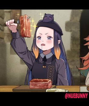 2girls absurdres arm_up artist_name beret black_hat blurry blurry_background cheese commentary cutting_board english_commentary food forehead gradient_hair hat highres holding holding_food holding_knife hololive hololive_english indoors knife letterboxed long_hair meat multicolored_hair multiple_girls ninomae_ina'nis ninomae_ina'nis_(casual) nuebunny official_alternate_costume open_mouth orange_hair out_of_frame parody pinstripe_pattern pinstripe_shirt pointy_ears purple_hair saliva saliva_trail scene_reference shirt sidelocks sitting solo_focus sparkle table takanashi_kiara takodachi_(ninomae_ina'nis) tentacle_hair tongari_boushi_no_atelier twitter_username upper_body v-shaped_eyebrows virtual_youtuber
