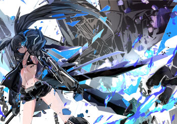 barcode barcode_tattoo belt bikini black_hair black_rock_shooter black_rock_shooter_(character) black_rock_shooter_(game) black_shorts blue_eyes blue_fire chain fire flaming_eye glowing glowing_eye highres long_hair mechanical_wings no_shirt scar shorts stella_(black_rock_shooter) swimsuit tattoo twintails uneven_twintails wings yakouseinogai