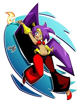 1girl absurdres bandeau bare_shoulders blue_eyes breasts dark-skinned_female dark_skin earrings fire genie gold_bracer gold_earrings gold_tiara hand_up harem_pants high_ponytail highres jewelry long_hair medium_breasts navel o-ring o-ring_top open_mouth pants pointy_ears ponytail purple_hair pyrokinesis red_pants red_shoes rotze shantae shantae_(series) shoes smile solo very_long_hair