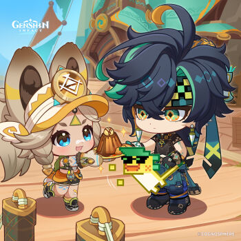 1boy 1girl absurdres ajaw_(genshin_impact) black_boots black_shirt black_shorts blue_eyes blue_sky blush boots braid chibi closed_mouth commentary copyright_name crossed_bangs day dot_nose earrings english_commentary expressionless food genshin_impact gloves hair_between_eyes highres jewelry kachina_(genshin_impact) kinich_(genshin_impact) long_hair looking_at_another mittens multicolored_hair official_art outdoors pants shirt short_shorts short_sleeves shorts sky standing standing_on_one_leg streaked_hair symbol-shaped_pupils very_long_hair vision_(genshin_impact)