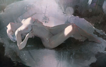 1girl arched_back body_markings breasts completely_nude cyberpunk_(series) cyberpunk:_edgerunners cyborg dino_(dinoartforame) full_body head_tilt highres lucy_(cyberpunk) lying medium_breasts nipples nude on_back puddle rain reflection reflective_liquid short_hair solo water wet white_hair