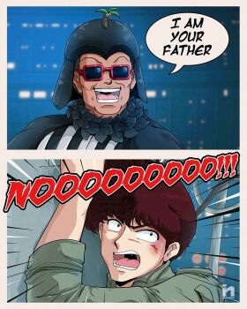 2boys blood cosplay crossover darth_vader darth_vader_(cosplay) father_and_son i_am_your_father_(meme) kunou_tatewaki luke_skywalker luke_skywalker_(cosplay) male_focus meme multiple_boys open_mouth principal_kunou ranma_1/2 saotome_nanda star_wars star_wars:_the_empire_strikes_back sunglasses teeth