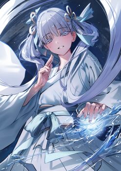 1girl blue_bow bow chinese_clothes colored_eyelashes commentary_request fingernails hair_bow hair_rings hand_up hanfu highres jinhsi_(wuthering_waves) korean_commentary kuji-in long_hair looking_at_viewer mole mole_under_eye multiple_hair_bows nicky_w official_alternate_costume parted_lips smile solo white_eyelashes white_hair white_hanfu wuthering_waves