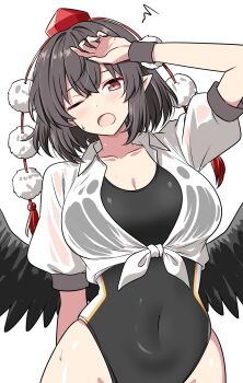 1girl arm_behind_back arm_up black_hair black_wings black_wrist_cuffs blush breasts cleavage collarbone collared_shirt commentary_request covered_navel crop_top cropped_shirt feathered_wings hair_between_eyes hat highres large_breasts looking_at_viewer one-piece_swimsuit one_eye_closed open_mouth pointy_ears puffy_sleeves red_eyes rise_(rise19851203) shameimaru_aya shirt short_hair simple_background sleeve_cuffs solo standing sweatdrop swimsuit swimsuit_under_clothes tied_shirt tokin_hat touhou upper_body white_background white_shirt wings wrist_cuffs