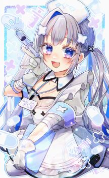 1girl amane_kanata amane_kanata_(nurse) apron armband bandaged_arm bandages blue_eyes blue_hair blush colored_inner_hair commentary_request dress frilled_apron frills gloves grey_hair hair_ornament hat highres holding holding_syringe hololive id_card lanyard long_hair looking_at_viewer maid_apron multicolored_hair nurse nurse_cap official_alternate_costume official_alternate_hair_length official_alternate_hairstyle open_mouth pantyhose puffy_short_sleeves puffy_sleeves rokico short_sleeves single_hair_intake smile solo syringe twintails two-tone_hair very_long_hair virtual_youtuber white_apron white_dress white_gloves white_pantyhose x_hair_ornament