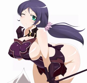 Rule 34 | 10s, 1girl, abiko zyozi, apron, ass, bare shoulders, bent over, breasts, butt crack, cattleya (queen's blade), cattleya (queen's blade) (cosplay), cosplay, covered erect nipples, female focus, green eyes, hair ornament, huge breasts, long hair, love live!, love live! school idol project, naked apron, no bra, no panties, one eye closed, ponytail, purple hair, queen's blade, sideboob, simple background, solo, standing, tojo nozomi, weapon, white background, wink