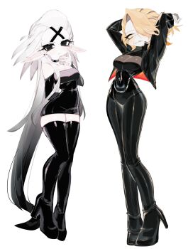 2girls arm_behind_head arms_up black_bodysuit black_boots black_choker black_dress black_eyes black_jacket blonde_hair bodysuit boots breasts choker cigarette closed_mouth commentary_request cropped_jacket dr._stone dress facial_mark forehead_mark full_body genderswap genderswap_(mtf) gradient_hair hair_over_one_eye hair_slicked_back hand_up high_heel_boots high_heels highres jacket large_breasts long_hair long_sleeves looking_at_viewer mouth_hold multicolored_hair multiple_girls one_eye_covered open_clothes open_jacket pointy_ears short_hair simple_background smoking stanley_snyder_(dr.stone) thigh_boots usa37107692 very_long_hair white_background white_hair x_mark xeno_(dr.stone) yellow_eyes