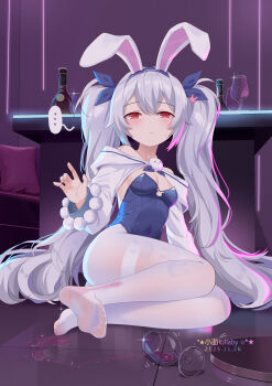 ... alcohol animal_ears azur_lane blue_hairband blue_leotard blue_ribbon bottle breasts chinese_commentary cleavage commentary_request covered_navel cup drinking_glass expressionless fake_animal_ears feet full_body grey_hair hair_ribbon hairband highres laffey_(azur_lane) laffey_ii_(azur_lane) laffey_ii_(sleepy_on_a_busy_day)_(azur_lane) leotard long_hair looking_at_viewer official_alternate_costume pantyhose playboy_bunny rabbit_ears red_eyes ribbon shrug_(clothing) sitting small_breasts soles spill spoken_ellipsis thighband_pantyhose toes twintails very_long_hair white_pantyhose white_shrug wine wine_bottle wine_glass xiao_shi_lullaby