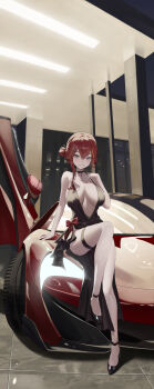 Rule 34 | absurdres, akane lize, anklet, breasts, car, commentary, dress, eldaga, grey eyes, high heels, highres, jewelry, mole, mole under eye, motor vehicle, plunging neckline, red hair, red ribbon, ribbon, stellive, symbol-only commentary, thigh strap
