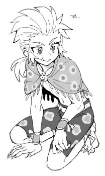 1boy barefoot claws dede_(qwea_00000) fang fang_out final_fantasy final_fantasy_vi fingernails full_body gau greyscale hair_slicked_back kneeling male_focus midriff monochrome navel print_cape print_shorts sharp_fingernails sharp_toenails short_hair_with_long_locks shorts sidelocks smile solo toenails white_background