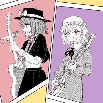 2girls :d absurdres black_capelet black_hat black_ribbon black_skirt blonde_hair bow brown_hair capelet collar dress guitar hair_bow hat hat_bow highres holding holding_guitar holding_instrument instrument kashiwada_kiiho long_dress long_sleeves looking_to_the_side maribel_hearn multiple_girls necktie open_mouth partially_colored ribbon shirt short_hair skirt sleeve_cuffs smile touhou usami_renko white_collar white_shirt