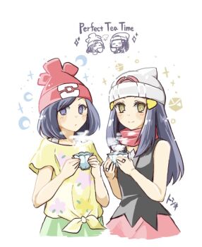 2girls black_eyes black_hair black_shirt chibi chibi_inset closed_mouth commentary_request cup dawn_(pokemon) green_shorts hair_ornament hairclip hat holding holding_cup long_hair looking_at_viewer multiple_girls nintendo pink_skirt pokemon pokemon_adventures red_hat red_scarf scarf selene_(pokemon) shirt short_hair short_sleeves shorts skirt sleeveless sleeveless_shirt smile steam teacup tototo_neko white_hat yellow_eyes yellow_shirt