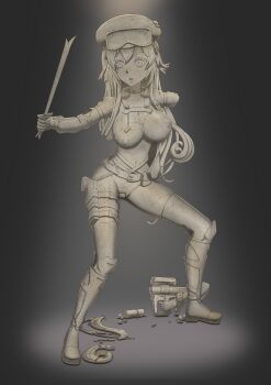 absurdres belt beret bouncing bouncing_breasts breaking breasts damaged goggles goggles_on_head gun hat highres large_breasts navel nipples open_mouth original petrification pussy statue sword thighhighs thighs weapon