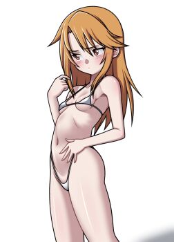 1girl annoyed bikini blush breasts closed_mouth dot_mouth embarrassed eron feet_out_of_frame female_focus hand_on_own_stomach hand_up highleg highleg_bikini highres idolmaster idolmaster_cinderella_girls loli long_hair looking_afar looking_to_the_side matching_hair/eyes micro_bikini navel orange_eyes orange_hair simple_background small_breasts solo standing swimsuit tsundere white_background white_bikini yuuki_haru