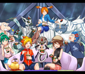 3boys 3girls android breasts brown_hair character_request charu_(saru_getchu) instant_cup_noodles green_eyes green_hair haruka_(saru_getchu) hat headphones highres instant_cup_noodles instant_noodles joints kakeru_(saru_getchu) kekewan long_hair monkey multiple_boys multiple_girls natsume_(saru_getchu) open_mouth ponytail robot_ears robot_joints saru_getchu short_hair shorts skirt small_breasts smile standing twintails