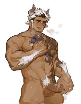 1boy abs amaimochi animal_ears bara black_hair body_fur breath closed_eyes commentary_request completely_nude cow_boy cow_ears cow_horns cowboy_shot dark-skinned_male dark_skin erection facial_hair furrowed_brow girthy_penis goatee_stubble highres horns large_pectorals long_sideburns male_focus male_masturbation male_pubic_hair masturbation multicolored_hair muscular muscular_male navel navel_hair nipples norn's_dine nude pectorals penis pubic_hair scar scar_on_face shido_(norn's_dine) short_hair shoulder_tattoo sideburns solo standing steaming_body stomach stubble tattoo thick_eyebrows thick_thighs thighs torogao two-tone_hair unfinished white_fur white_hair