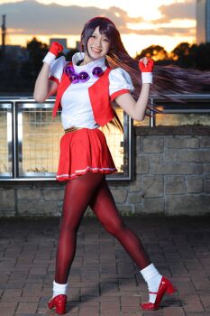 1girl asamiya_athena asamiya_athena_(cosplay) cosplay cosplay_photo dress female_focus fingerless_gloves gloves grin hairband highres long_hair looking_at_viewer loose_socks matching_hair/eyes pantyhose photo_(medium) psycho_soldier puffy_short_sleeves puffy_sleeves purple_eyes purple_hair real_life red_dress red_gloves red_hairband short_dress short_sleeves smile snk socks solo teeth the_king_of_fighters the_king_of_fighters_'96 yukiswitch