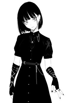 1girl absurdres black_gloves black_hair earrings eyeshadow fingerless_gloves gloves greyscale highres jewelry kayalhara long_glove long_hair looking_at_viewer makeup monochrome original ring simple_background skirt solo white_background