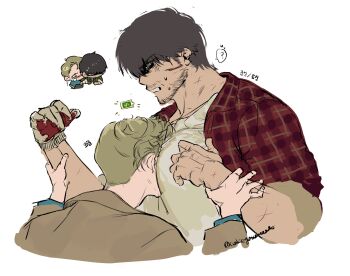 2boys angry bara beard_stubble between_pecs between_pectorals check_copyright chibi chibi_inset cookiegasweet copyright_request cropped_torso face_to_pecs facial_hair from_side gloves hair_over_eyes head_between_pecs highres large_pectorals male_focus mature_male multiple_boys muscular muscular_male mustache_stubble original pectorals profile shaded_face short_hair stubble yaoi