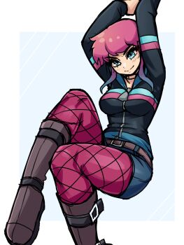 1girl arms_up black_jacket blue_background blue_eyes blue_shorts boots border breasts brown_boots closed_mouth commentary english_commentary fishnet_pantyhose fishnets foot_out_of_frame gradient_hair highres jacket large_breasts long_sleeves looking_at_viewer medium_hair multicolored_hair oninuer outside_border pantyhose parted_bangs pink_hair pink_pantyhose ramona_flowers scott_pilgrim_(series) short_shorts shorts sketch smile solo white_border zipper zipper_pull_tab