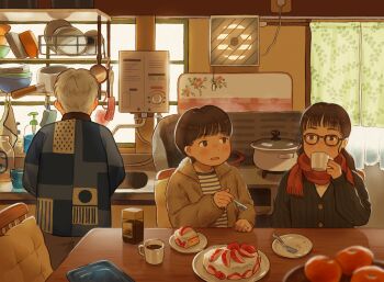 1girl 2boys backlighting black-framed_eyewear black_hair blurry blurry_foreground blush cake coffee cooking_pot counter cup drinking food fork fruit glasses grey_hair grey_jacket highres holding holding_cup holding_fork indoors jacket kitchen mug multiple_boys old old_man original plate red_scarf reflective_table scarf sink soap_bottle strawberry strawberry_cake strawberry_slice sumika_inagaki table tomato
