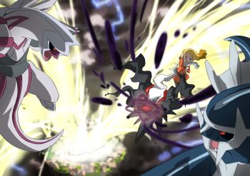 1girl alice_(pokemon) black_sclera blonde_hair blue_eyes claws colored_sclera commentary_request darkrai dialga dress energy energy_ball eyelashes floating_hair gen_4_pokemon highres legendary_pokemon long_hair long_sleeves multicolored_hair mythical_pokemon nintendo open_mouth orange_dress orange_shoes palkia pokemon pokemon:_the_rise_of_darkrai pokemon_(anime) pokemon_(creature) pokemon_dppt_(anime) red_eyes shoes two-tone_hair yusuke_oshida