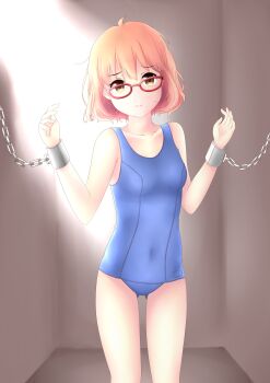 10s 1girl absurdres artist_request bdsm blue_one-piece_swimsuit bondage bound breasts brown_eyes cell chain cuffs female_focus glasses highres kuriyama_mirai kyoukai_no_kanata navel one-piece_swimsuit red-framed_eyewear restrained small_breasts solo swimsuit wrist_cuffs