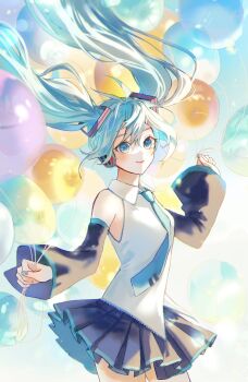 1girl aqua_eyes aqua_hair aqua_nails aqua_necktie balloon black_skirt breasts closed_mouth collared_shirt commentary_request detached_sleeves fingernails floating_hair hair_between_eyes hair_ornament hatsune_miku headset highres holding holding_balloon long_hair long_sleeves miniskirt nail_polish necktie nori_salt pleated_skirt shirt skirt sleeveless sleeveless_shirt small_breasts solo tie_clip twintails very_long_hair vocaloid white_shirt wide_sleeves