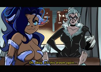 1boy 2girls animal_ears bag black_bodysuit black_cat_(marvel) black_choker black_lips blue_eyes blue_hair bodysuit breasts cat_ears cat_girl choker claws cleavage collarbone cosplay crossover dark-skinned_female dark_skin darkstalkers domino_mask english_text eye_mask fangs felicia_(darkstalkers) felicia_hardy frank_araya fur_collar hair_bun hand_on_own_hip highres holding large_breasts long_hair looking_at_viewer marvel mask multiple_girls name_connection parody peter_parker pov scene_reference single_hair_bun slit_pupils smile spider-man spider-man_(series) style_parody subtitled white_fur white_hair window