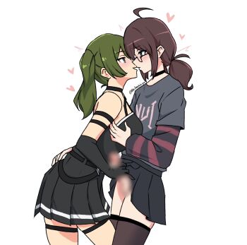 1boy 1girl ahoge artist_self-insert bare_shoulders black_choker black_dress black_thighhighs blur_censor breasts brown_hair censored choker dress flat_chest green_hair grey_shirt grey_skirt hand_on_another's_ass handjob heart highres imminent_kiss large_breasts leaning_forward long_hair looking_at_another medium_hair original pleated_skirt purple_eyes shirt skirt sleeveless sleeveless_dress sousou_no_frieren standing the_freakin_yui thighhighs trap twitter_username ubel_(sousou_no_frieren) yui_(the_freakin_yui) zettai_ryouiki